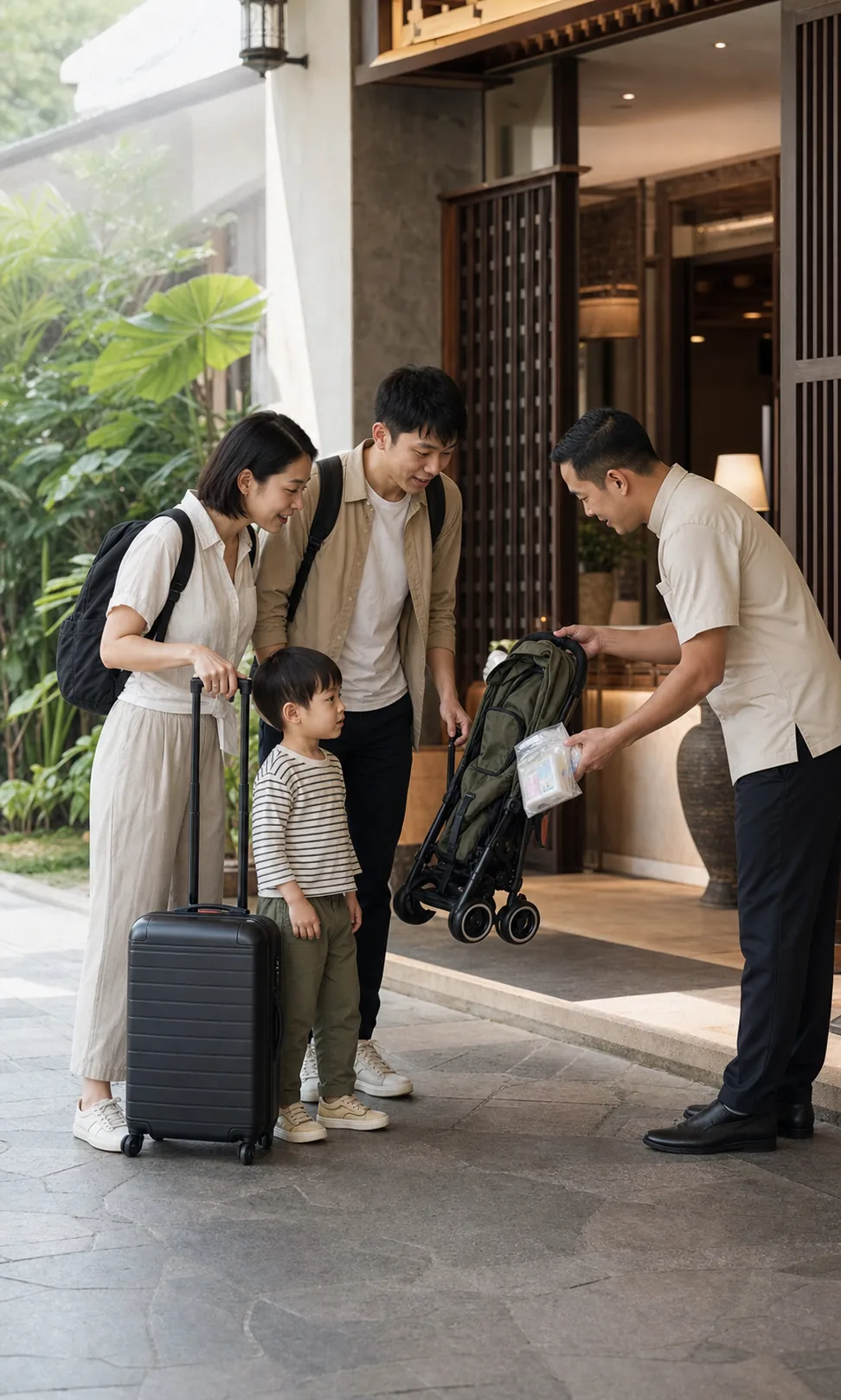 A family arriving at a Bangkok hotel receives a prepared stroller and sealed essentials from a concierge.