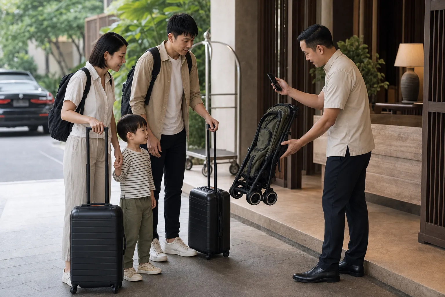 A family returns a folded travel stroller while a coordinator records condition evidence before departure.