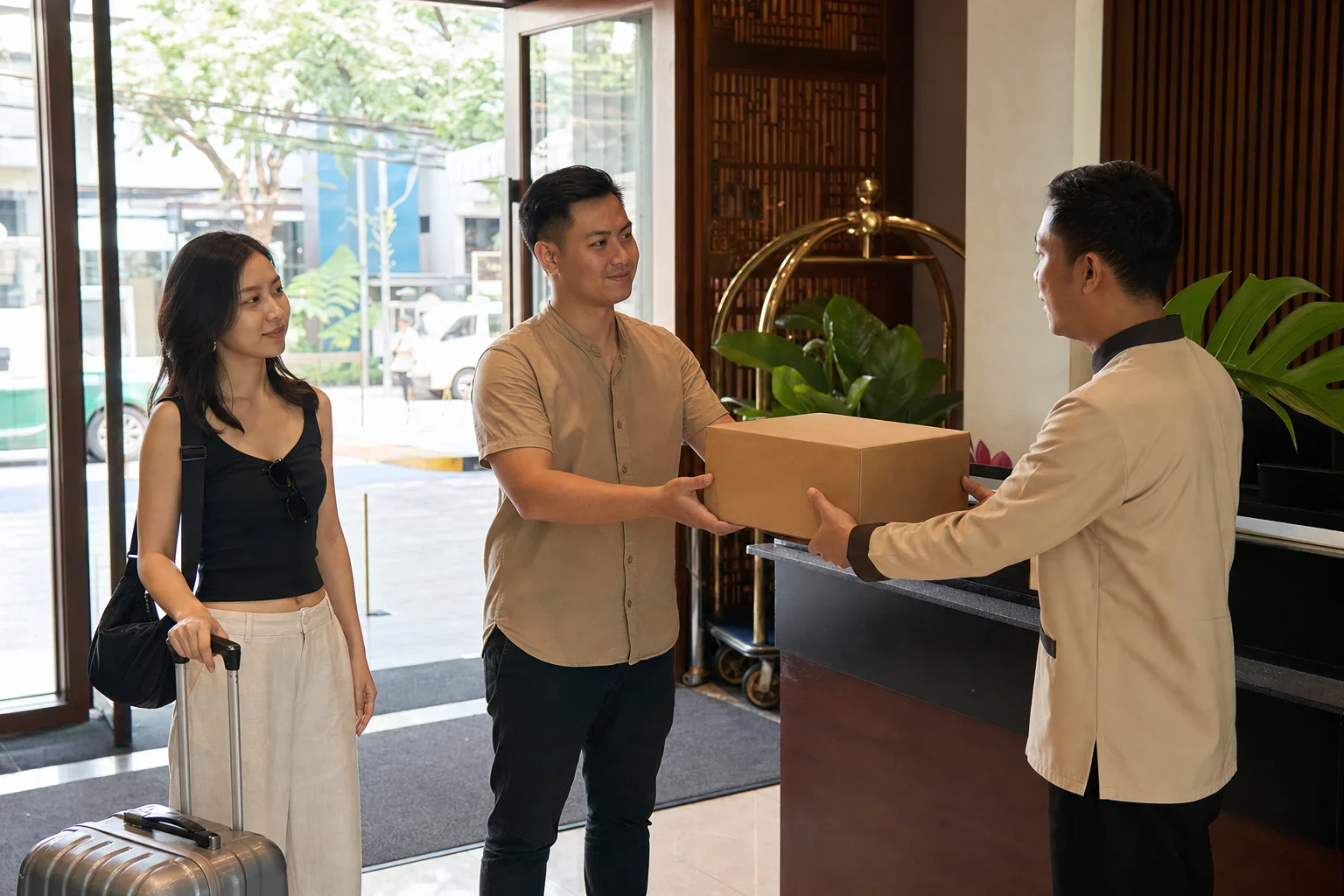 A Bangkok delivery coordinator hands a consolidated parcel to hotel staff as a traveler arrives.