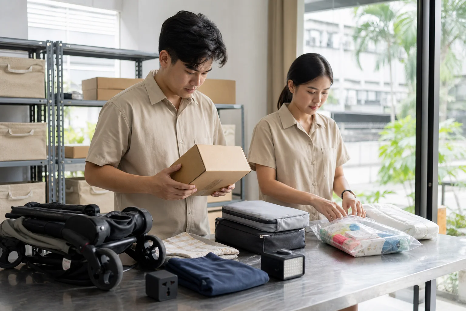 Two Bangkok hub staff inspect a plain parcel beside organized travel essentials.
