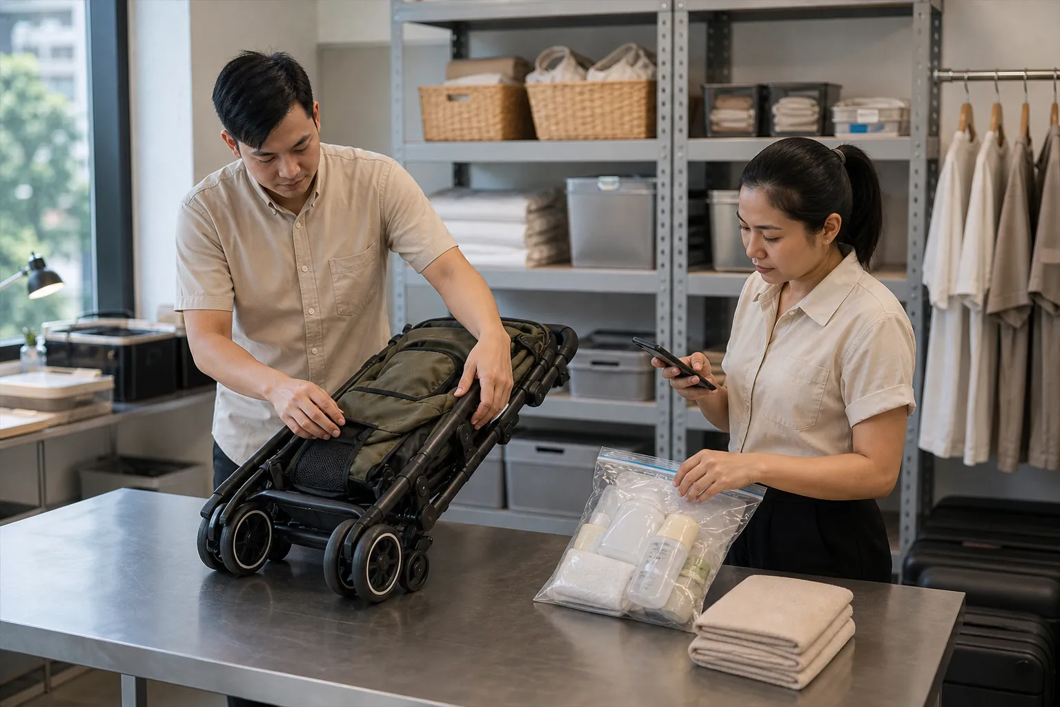 Two Bangkok operations coordinators inspect a folded travel stroller and sealed essentials before a guest arrives.