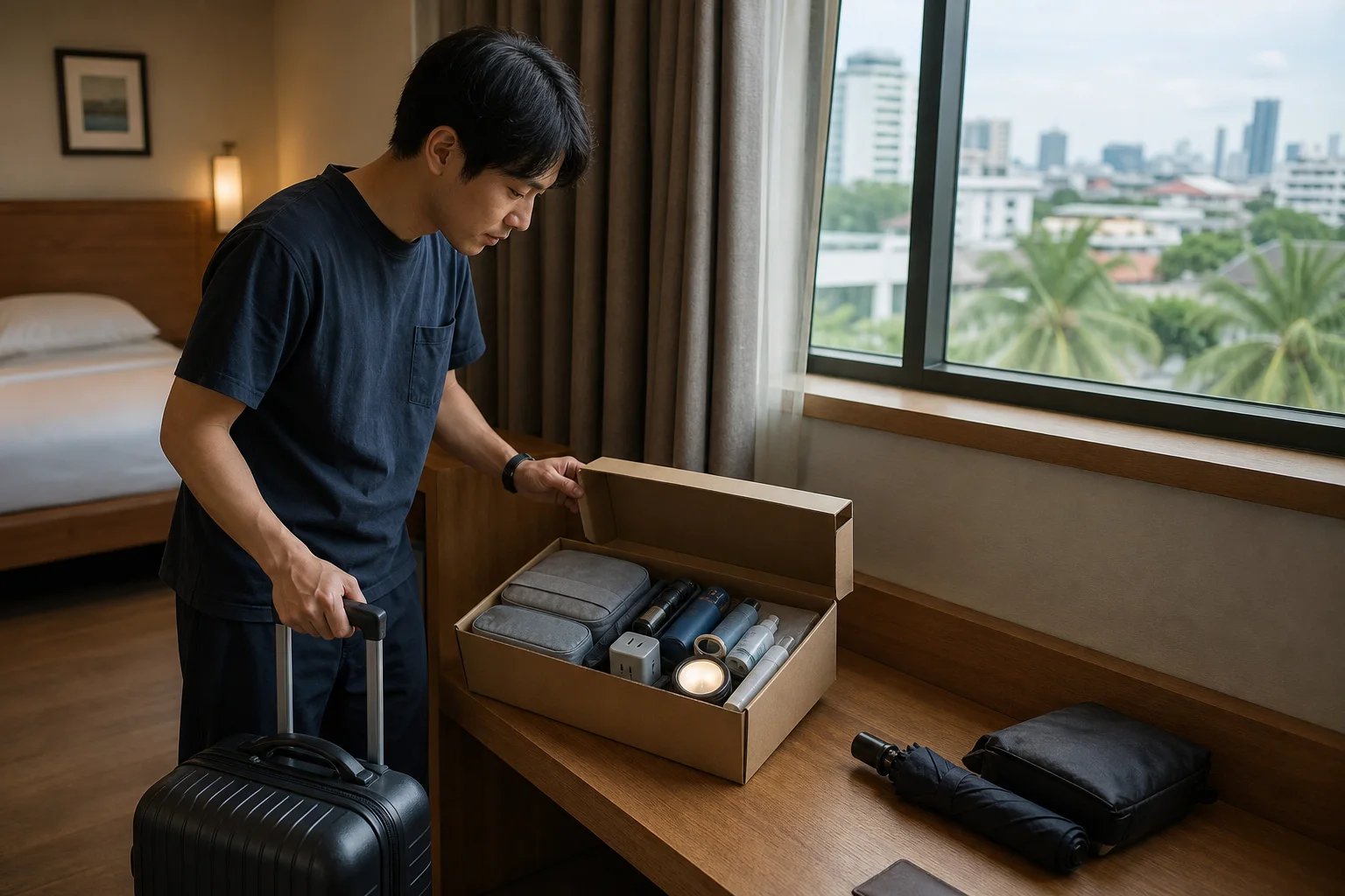A traveler opens prepared travel essentials beside one carry-on in a Bangkok hotel room.